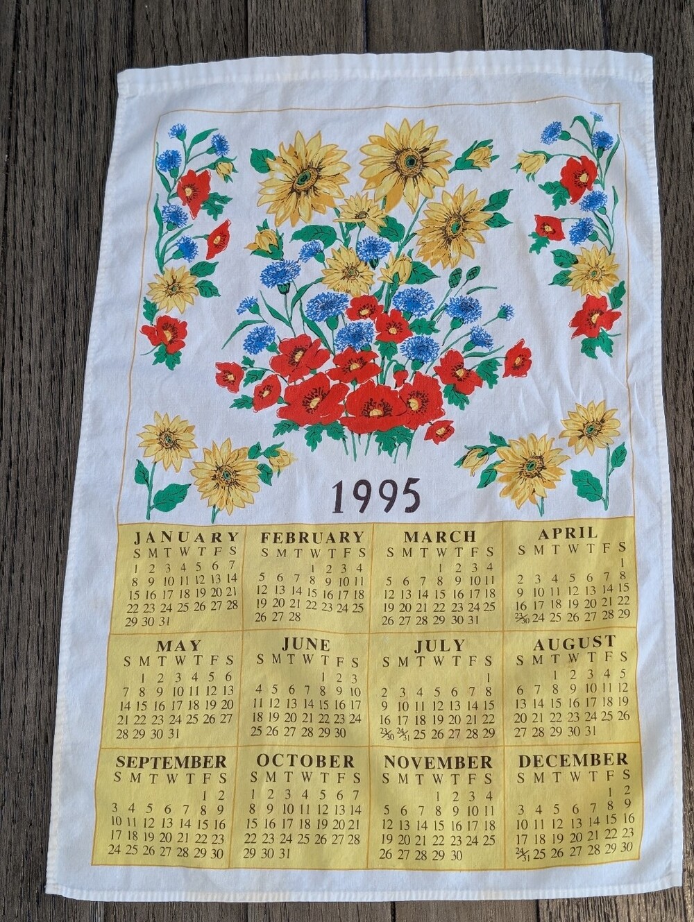 Vintage 1995 Floral Calendar Tea Towel Cottagecore Sunflower Poppy Kitchen Towel